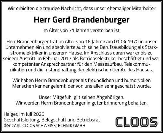 Traueranzeige von Gerd Brandenburger von Dill Block