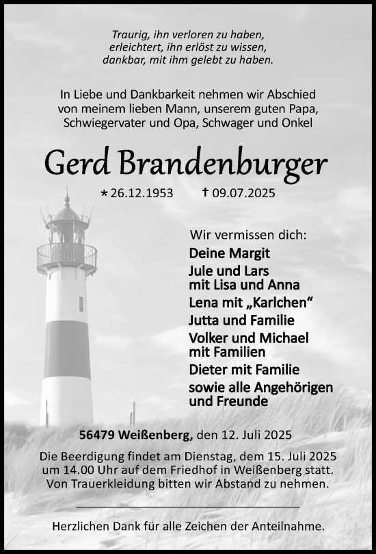 Traueranzeige von Gerd Brandenburger von Dill Block