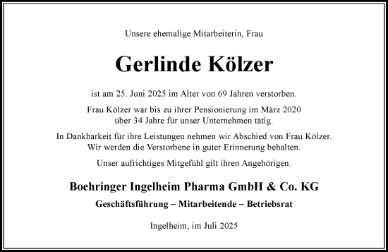 Traueranzeige von Gerlinde Kölzer von Allgemeine Zeitung Rheinhessen-Nahe