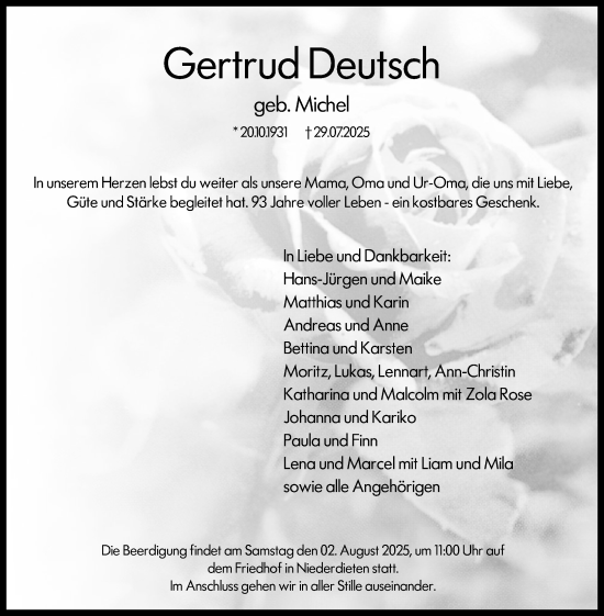 Traueranzeige von Gertrud Deutsch von Hinterländer Anzeiger