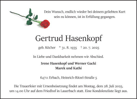 Traueranzeige von Gertrud Hasenkopf von Odenwälder Echo
