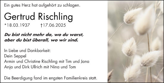 Traueranzeige von Gertrud Rischling von Camberger Anzeiger