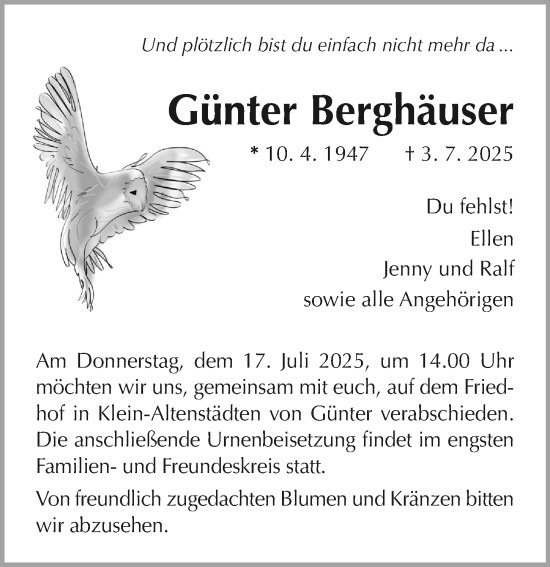 Traueranzeige von Günter Berghäuser von Wetzlarer Neue Zeitung