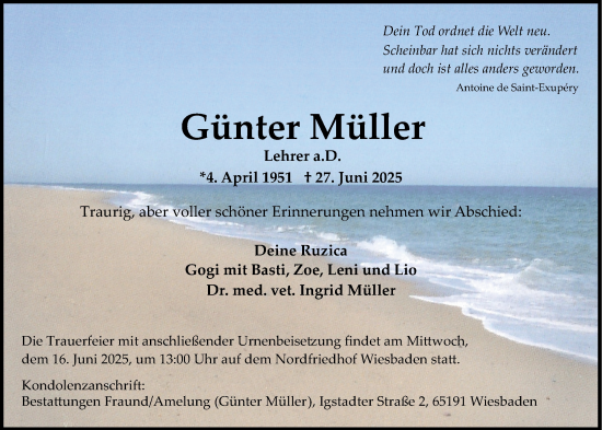 Traueranzeige von Günter Müller von Wiesbadener Kurier