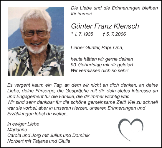 Traueranzeige von Günter Franz Klensch von Wiesbadener Kurier