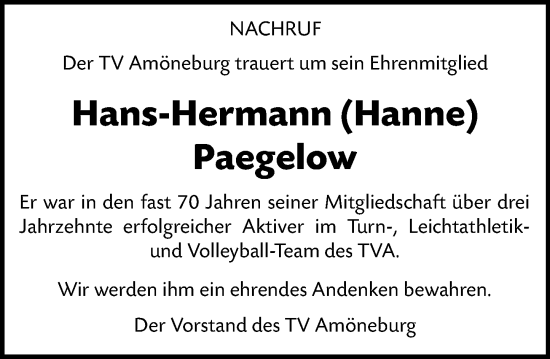 Traueranzeige von Hans-Hermann Paegelow von Wiesbadener Kurier