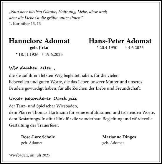 Traueranzeige von Hans-Peter Adomat von Wiesbadener Kurier