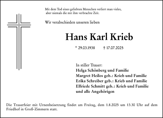 Traueranzeige von Hans Karl Krieb von Dieburger Anzeiger/Groß-Zimmerner Lokal-Anzeiger