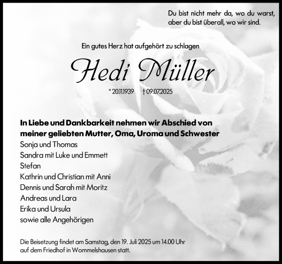 Traueranzeige von Hedi Müller von Hinterländer Anzeiger