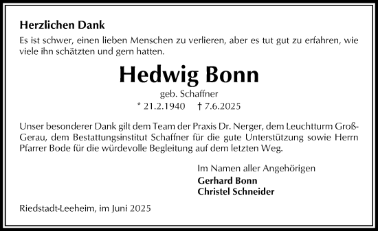Traueranzeige von Hedwig Bonn von Groß-Gerauer Echo