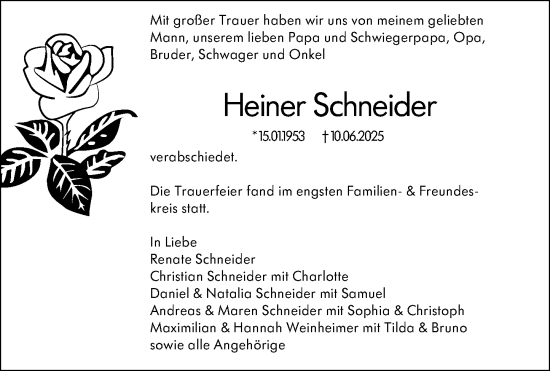 Traueranzeige von Heiner Schneider von Wiesbadener Kurier