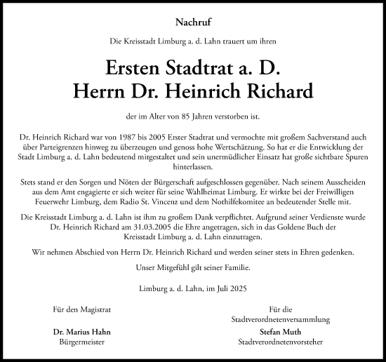 Traueranzeige von Heinrich Richard von Nassauische Neue Presse
