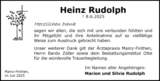 Traueranzeige von Heinz Rudolph von Allgemeine Zeitung Mainz