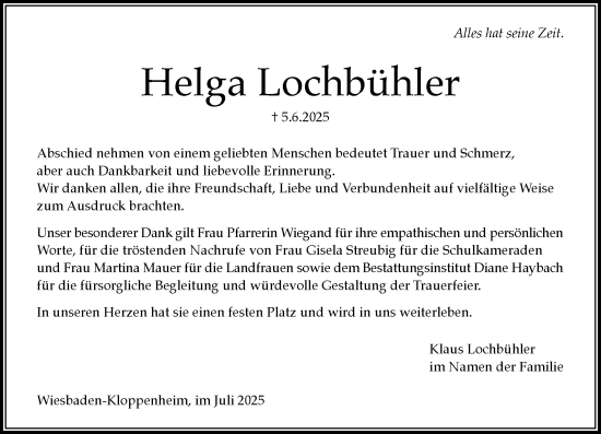 Traueranzeige von Helga Lochbühler von Wiesbadener Kurier