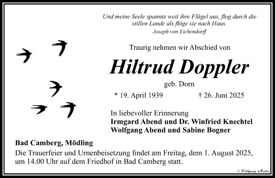 Traueranzeige von Hiltrud Doppler von Camberger Anzeiger