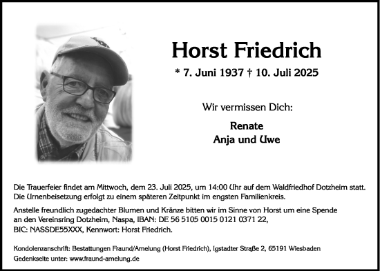 Traueranzeige von Horst Friedrich von Wiesbadener Kurier