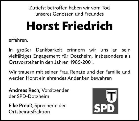 Traueranzeige von Horst Friedrich von Wiesbadener Kurier