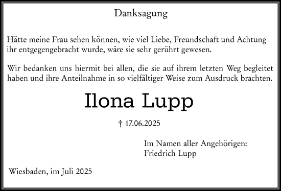 Traueranzeige von Ilona Lupp von Wiesbadener Kurier