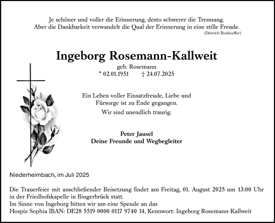Traueranzeige von Ingeborg Rosemann-Kallweit von Allgemeine Zeitung Mainz