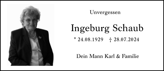 Traueranzeige von Ingeburg Schaub von Allgemeine Zeitung Mainz