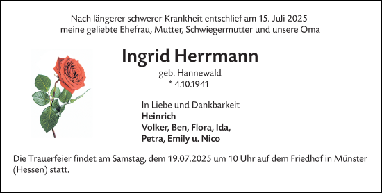 Traueranzeige von Ingrid Herrmann von Rüsselsheimer Echo