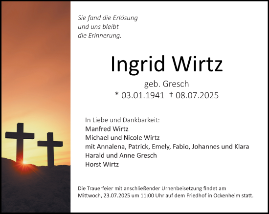 Traueranzeige von Ingrid Wirtz von Allgemeine Zeitung Rheinhessen-Nahe
