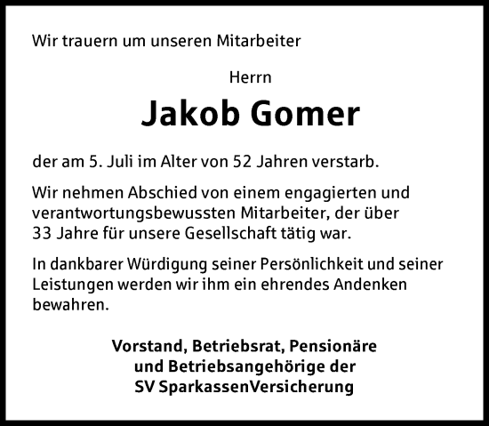 Traueranzeige von Jakob Gomer von Wiesbadener Kurier