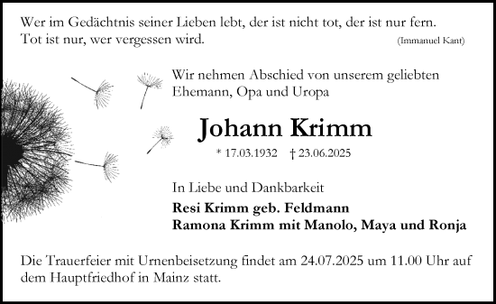 Traueranzeige von Johann Krimm von Allgemeine Zeitung Mainz