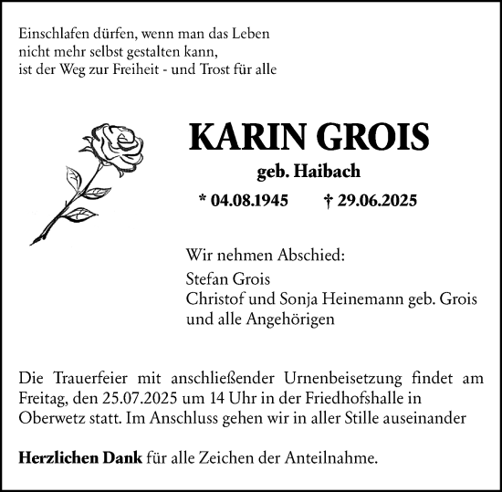 Traueranzeige von Karin Grois von Wetzlarer Neue Zeitung