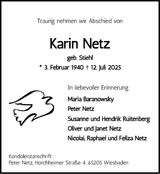 Traueranzeige von Karin Netz von Wiesbadener Kurier