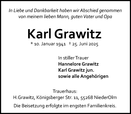 Traueranzeige von Karl Grawitz von Allgemeine Zeitung Mainz
