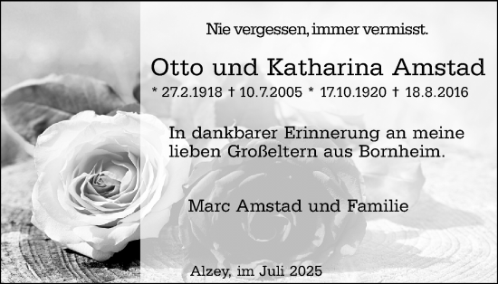 Traueranzeige von Katharina Amstad von Allgemeine Zeitung Alzey