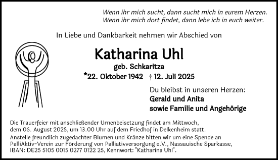 Traueranzeige von Katharina Uhl von Wiesbadener Kurier