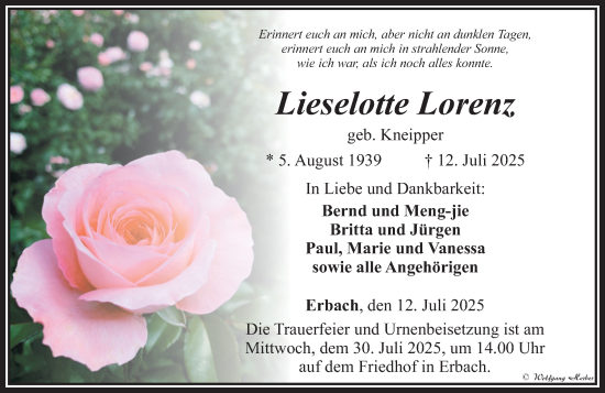 Traueranzeige von Lieselotte Lorenz von Camberger Anzeiger