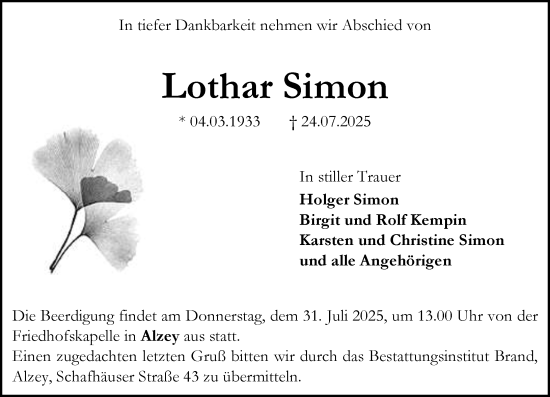 Traueranzeige von Lothar Simon von Allgemeine Zeitung Alzey