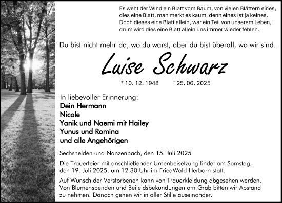 Traueranzeige von Luise Schwarz von Dill Block