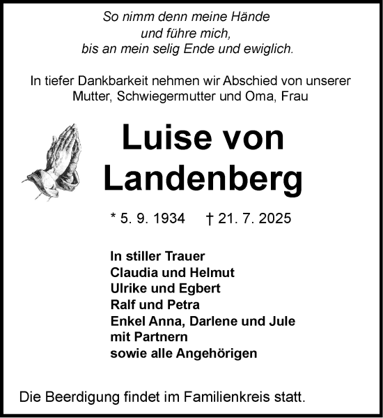 Traueranzeige von Luise von Landenberg von Wormser Zeitung