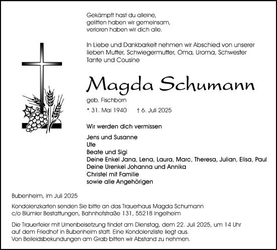 Traueranzeige von Magda Schumann von Allgemeine Zeitung Rheinhessen-Nahe