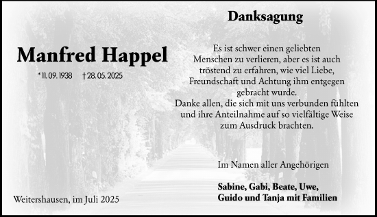Traueranzeige von Manfred Happel von Hinterländer Anzeiger