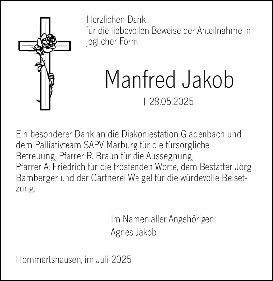 Traueranzeige von Manfred Jakob von Hinterländer Anzeiger