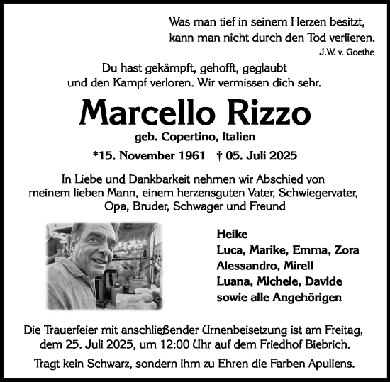 Traueranzeige von Marcello Rizzo von Wiesbadener Kurier