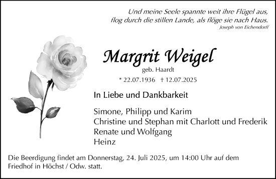 Traueranzeige von Margrit Weigel von Odenwälder Echo