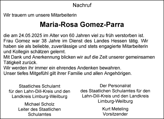 Traueranzeige von Maria-Rosa Gomez-Parra von Wetzlarer Neue Zeitung