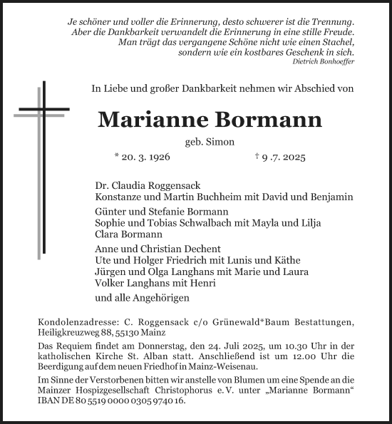 Traueranzeige von Maria Anna Bormann von Allgemeine Zeitung Mainz