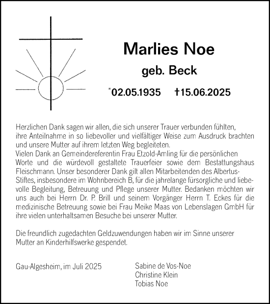Traueranzeige von Marlies Noe von Allgemeine Zeitung Rheinhessen-Nahe
