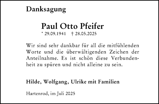 Traueranzeige von Paul Otto Pfeifer von Hinterländer Anzeiger