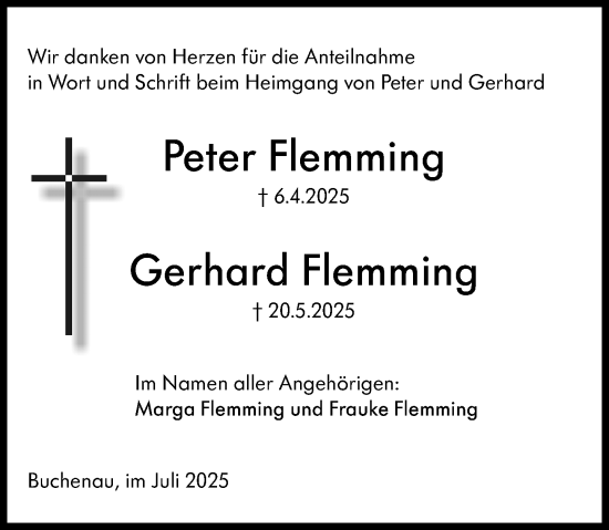 Traueranzeige von Peter Flemming von Hinterländer Anzeiger