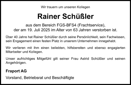 Traueranzeige von Rainer Schüßler von Weilburger Tageblatt