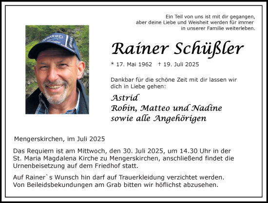 Traueranzeige von Rainer Schüßler von Weilburger Tageblatt