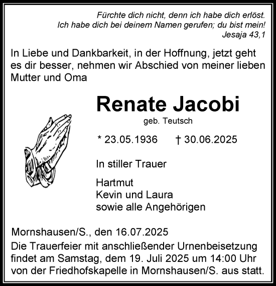 Traueranzeige von Renate Jacobi von Hinterländer Anzeiger
